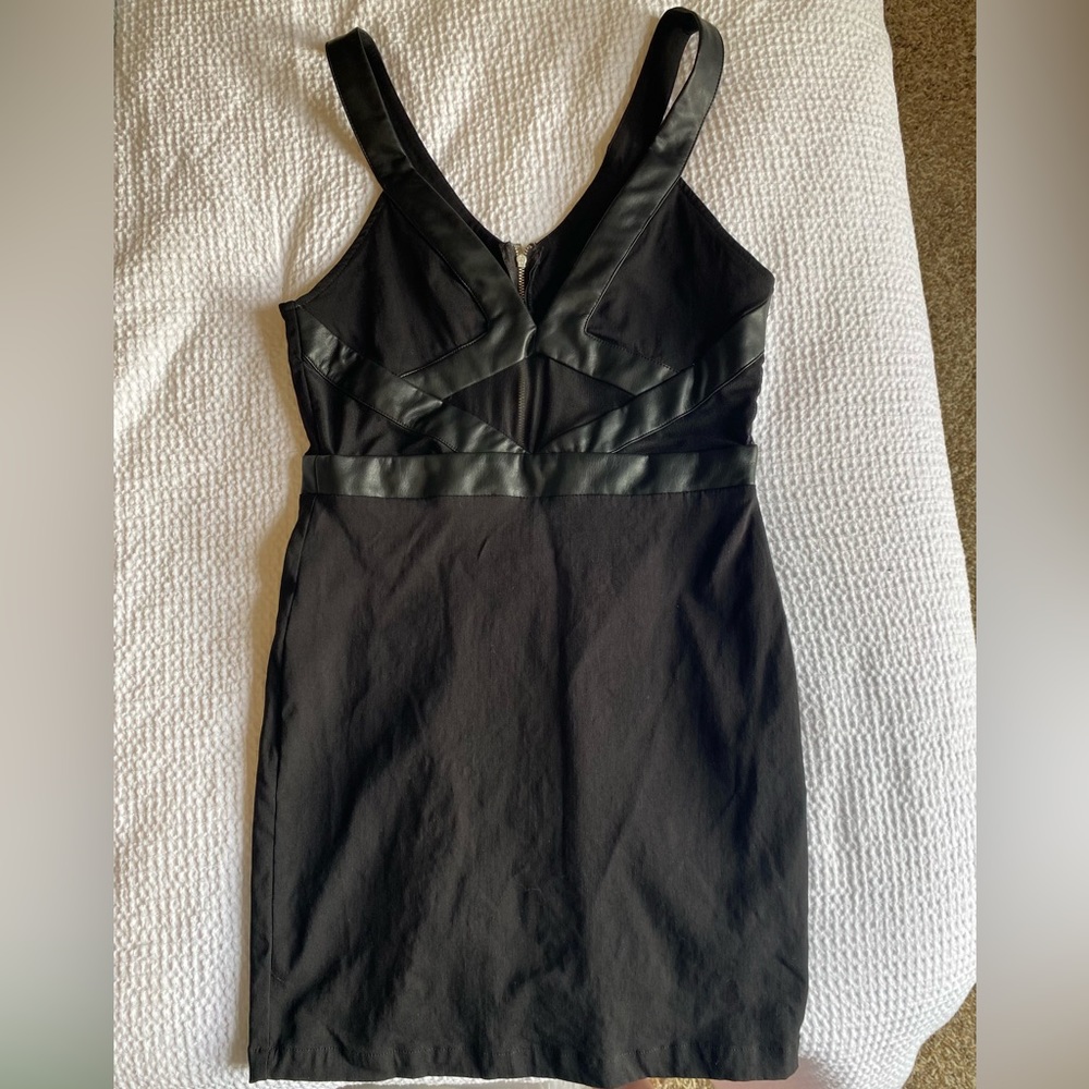 Guess Black Leather Mini Dress Sheer Detail Size Medium 90s Y2K goth